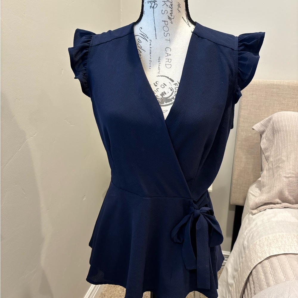 Monteau Navy Wrap Peplum Blouse with Tie Waist